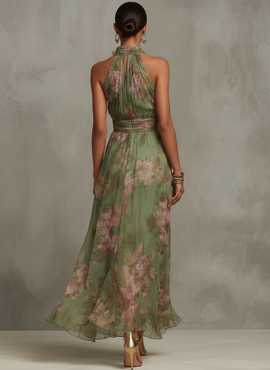Robe Longue Femme Fleurie à Col Halter
