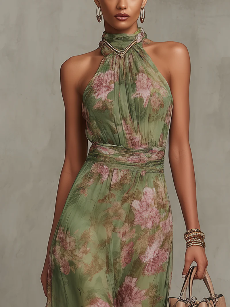 Robe Longue Femme Fleurie à Col Halter