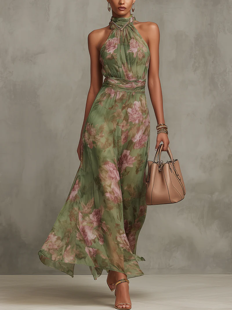 Robe Longue Femme Fleurie à Col Halter