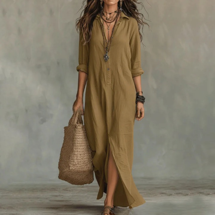 Robe Longue Décontractée à Col V pour Femme Manches 3/4