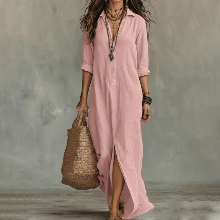 Robe Longue Décontractée à Col V pour Femme Manches 3/4