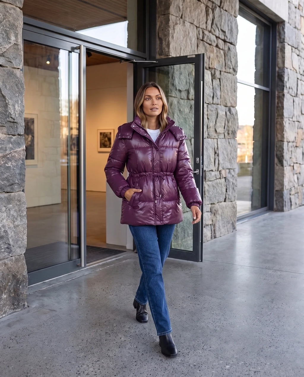 Doudoune brillante à taille coulissée