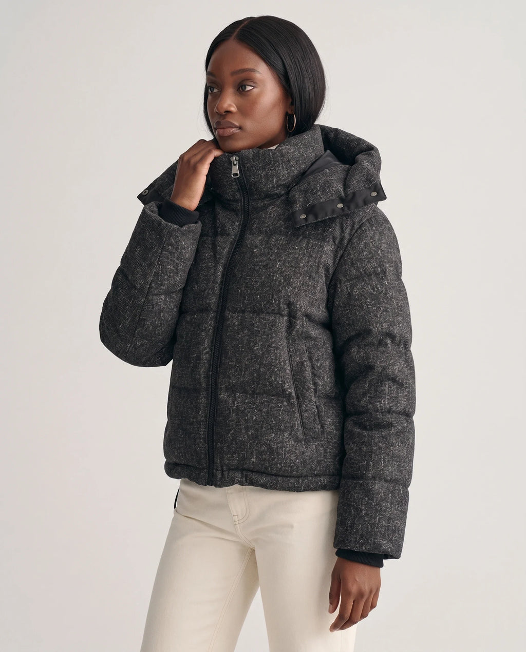 Doudoune courte oversize chinée à capuche amovible