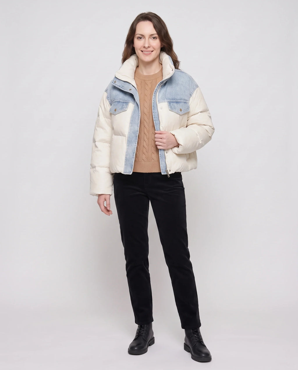 Doudoune courte oversize à empiècements denim