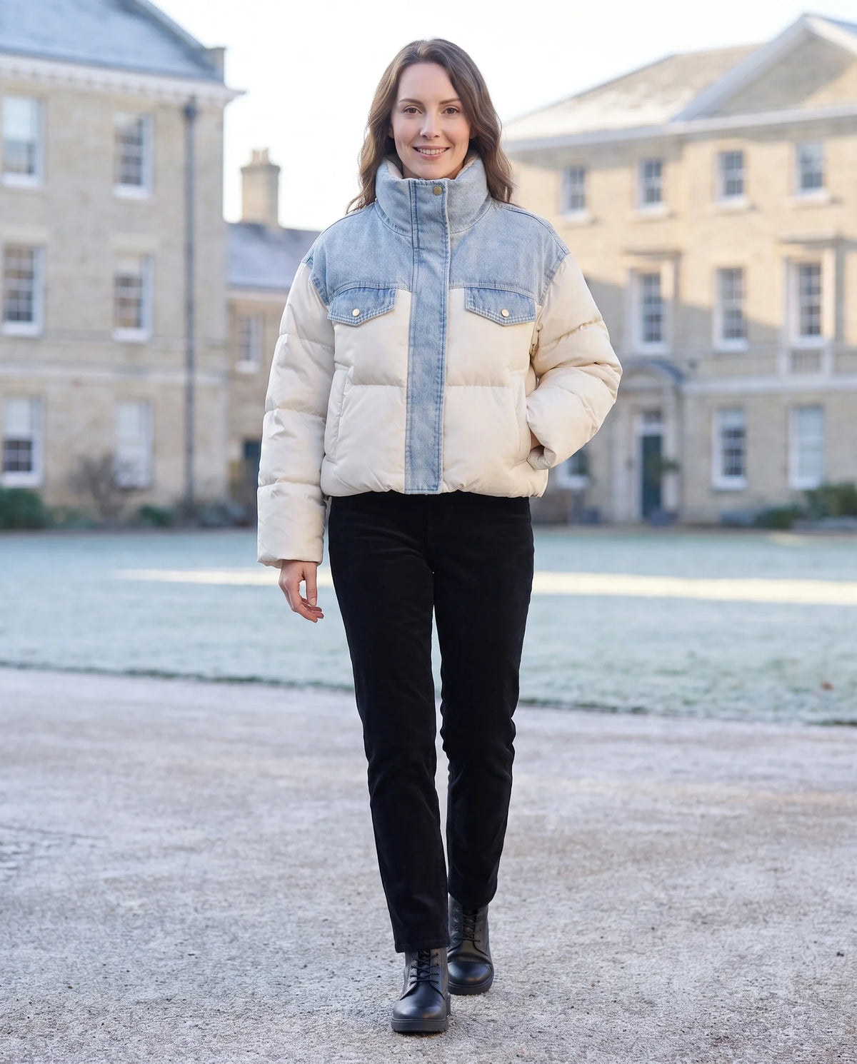 Doudoune courte oversize à empiècements denim
