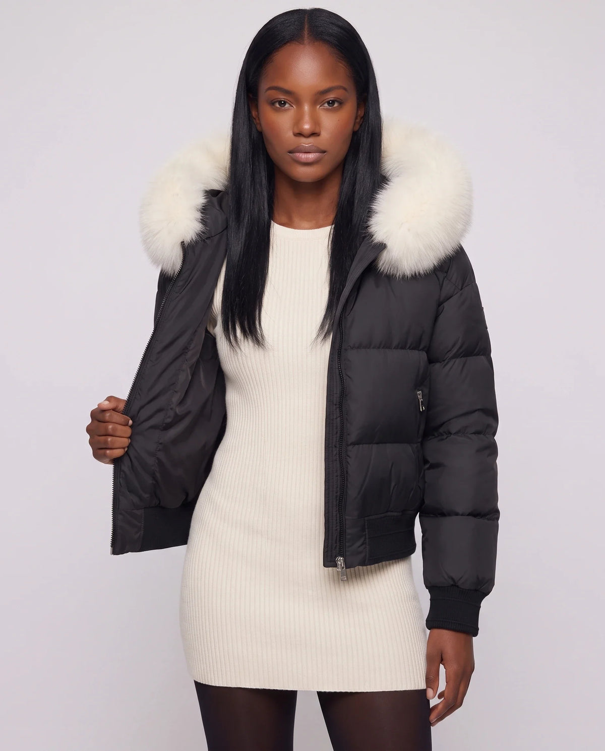Doudoune courte blouson à capuche fausse fourrure