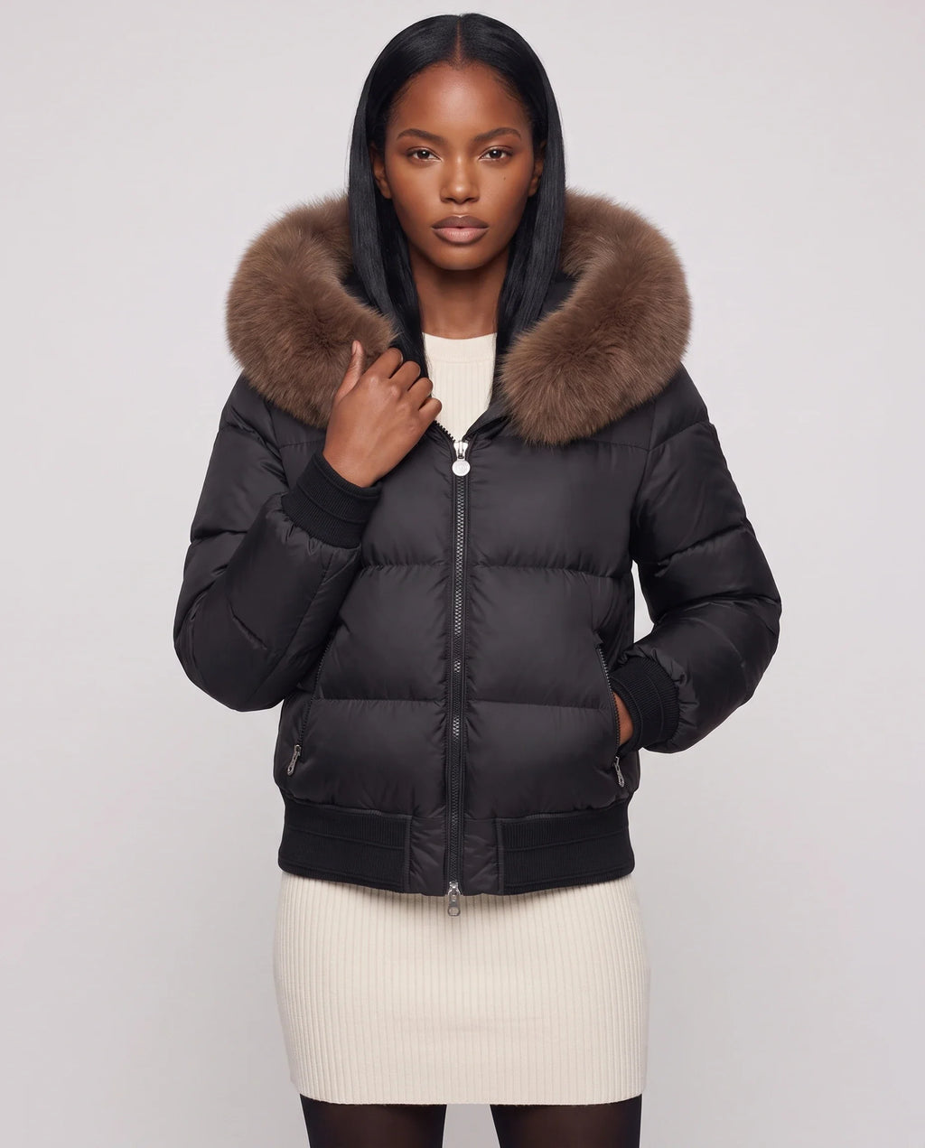 Doudoune courte blouson à capuche fausse fourrure