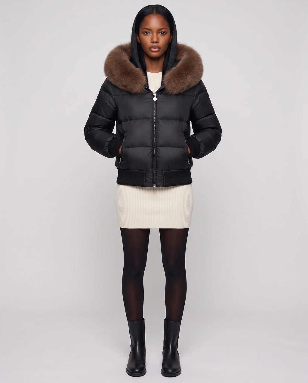 Doudoune courte blouson à capuche fausse fourrure