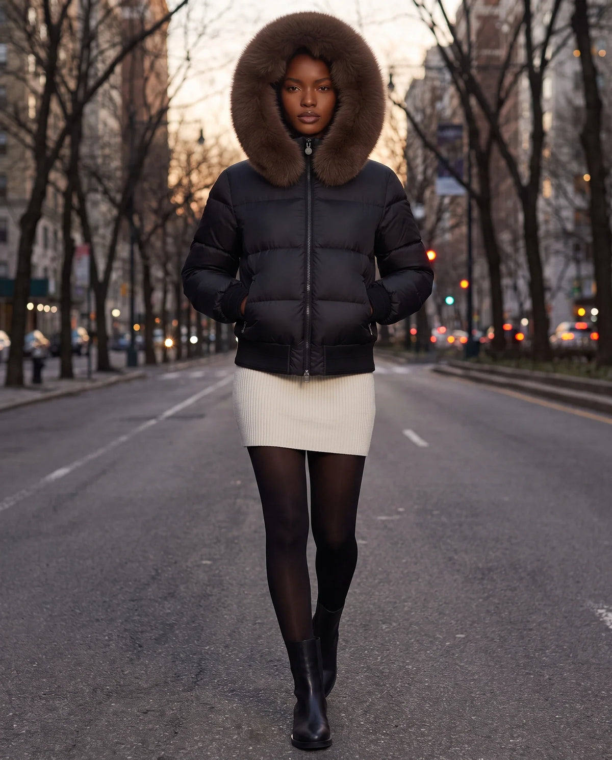Doudoune courte blouson à capuche fausse fourrure