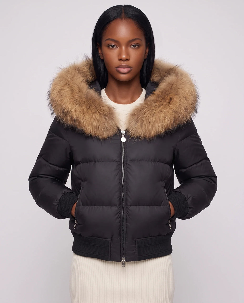 Doudoune courte blouson à capuche fausse fourrure