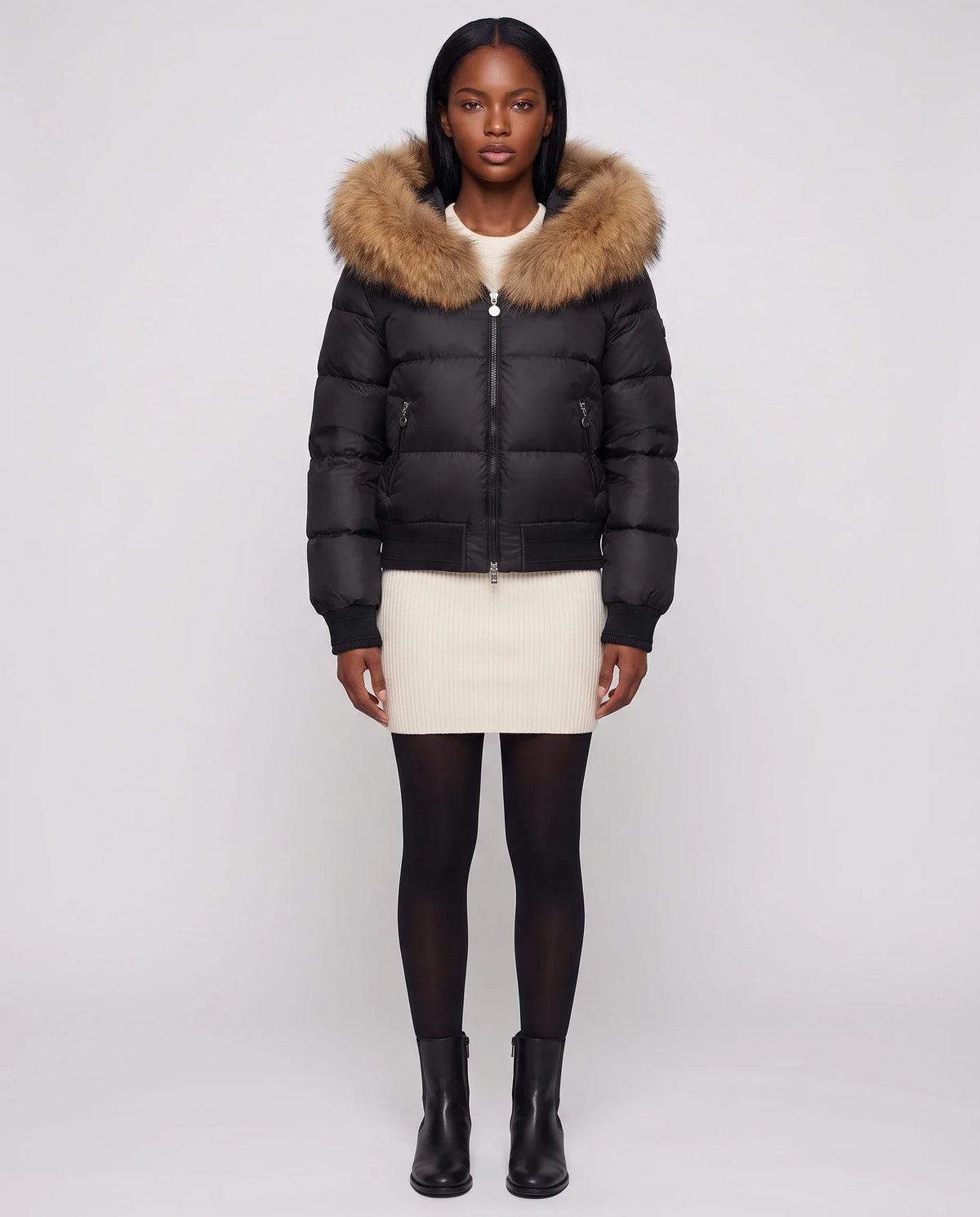 Doudoune courte blouson à capuche fausse fourrure