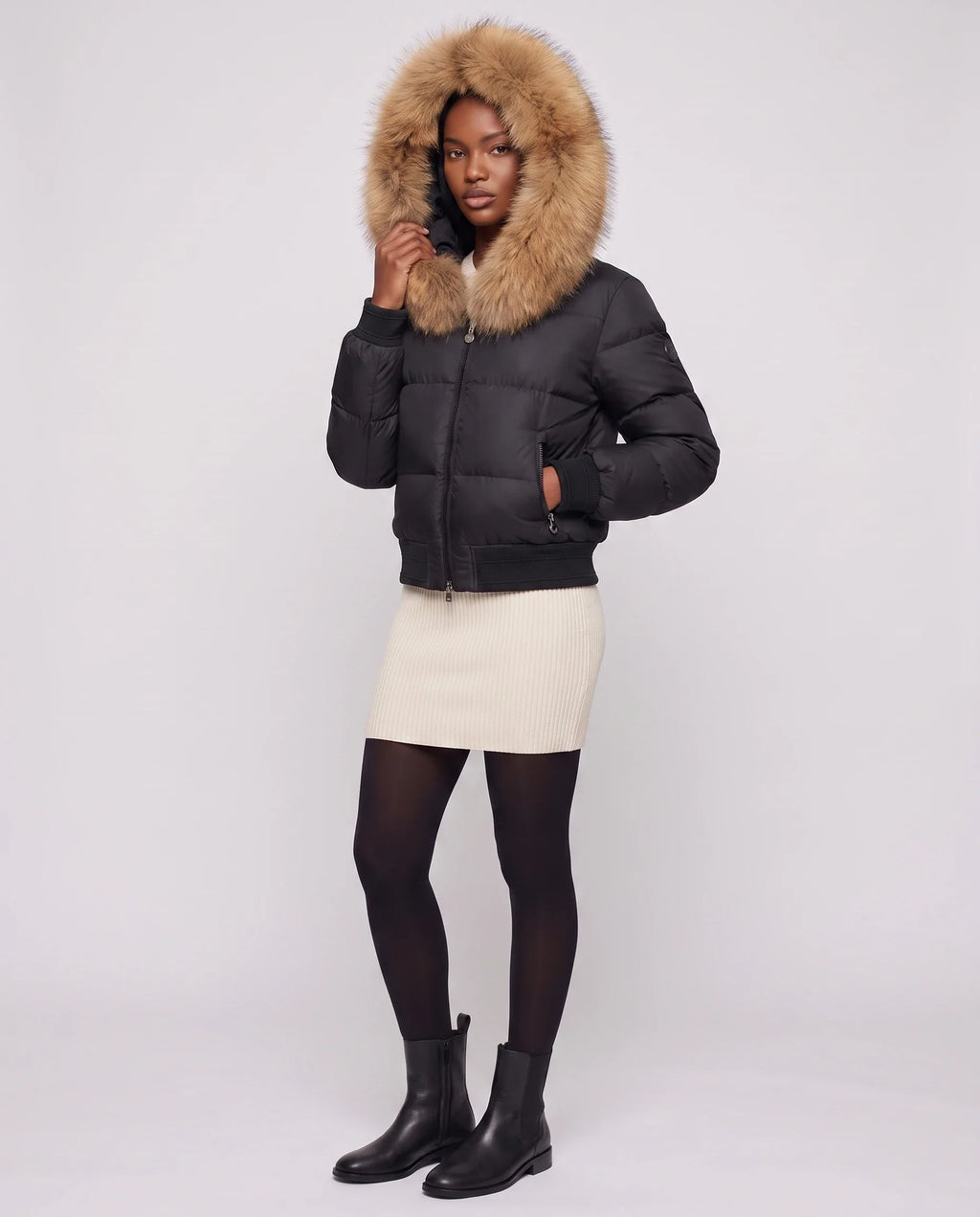 Doudoune courte blouson à capuche fausse fourrure