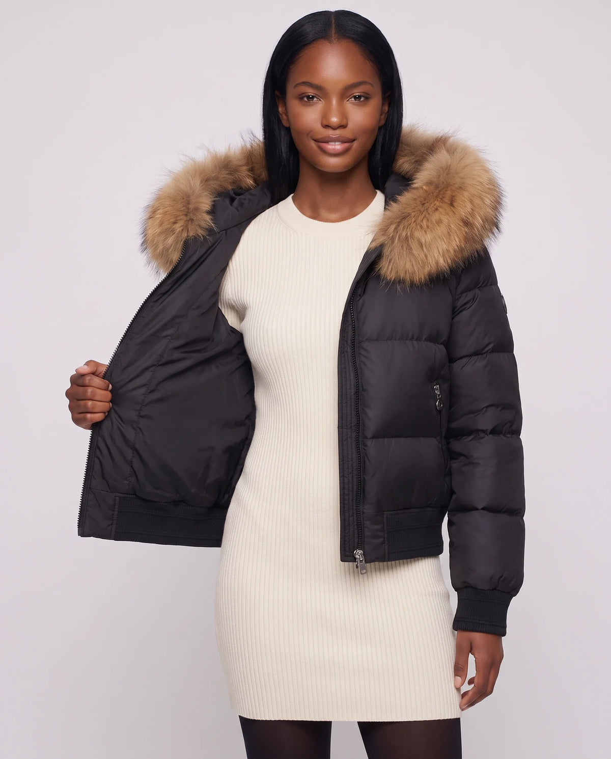 Doudoune courte blouson à capuche fausse fourrure