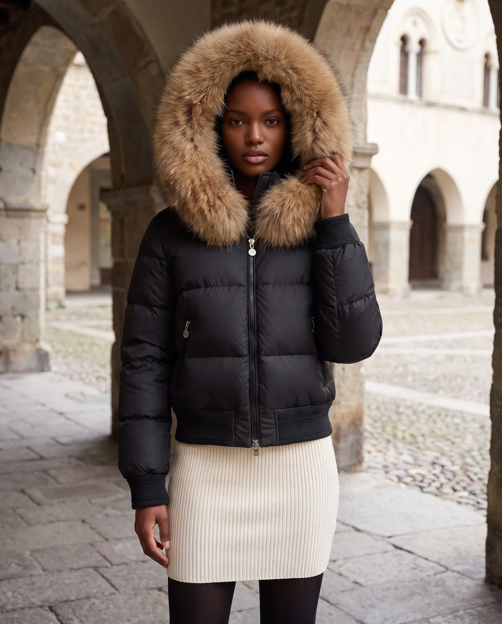 Doudoune courte blouson à capuche fausse fourrure