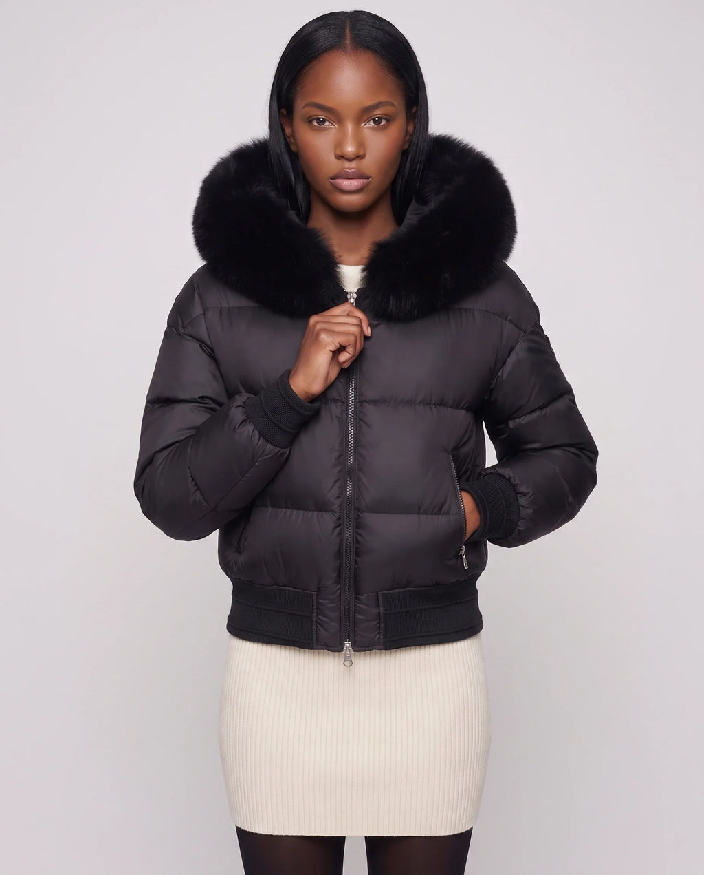 Doudoune courte blouson à capuche fausse fourrure