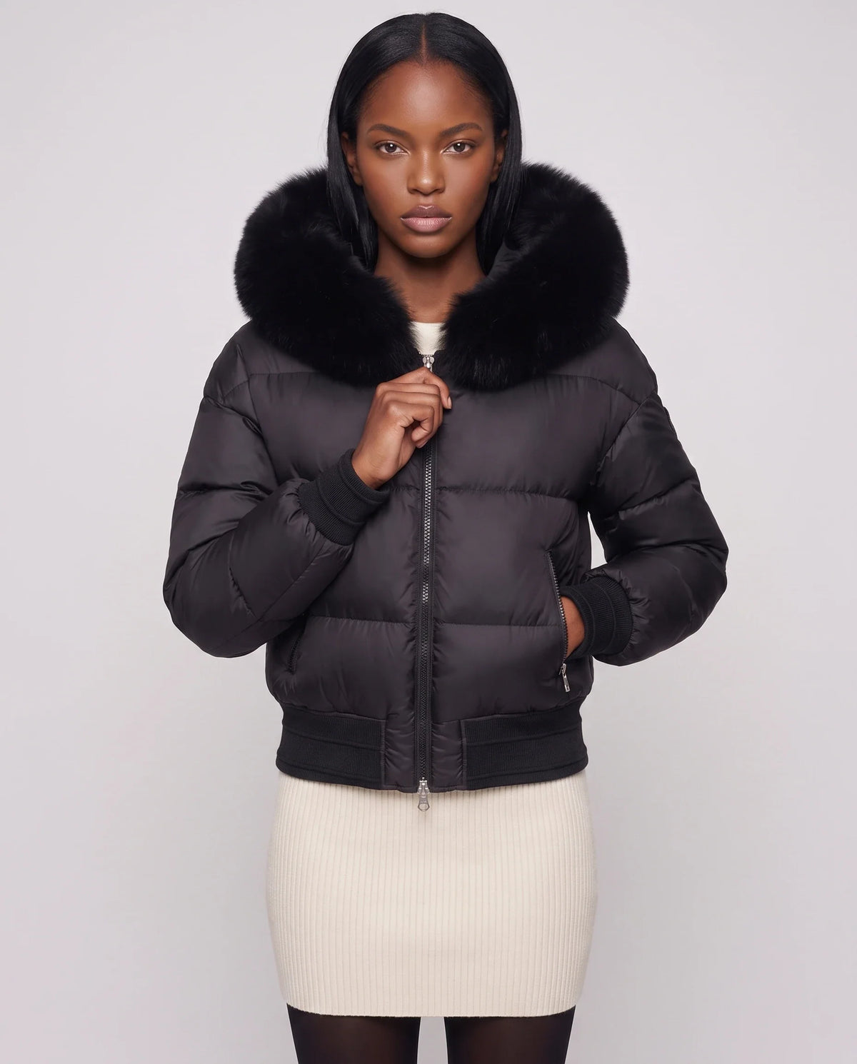 Doudoune courte blouson à capuche fausse fourrure