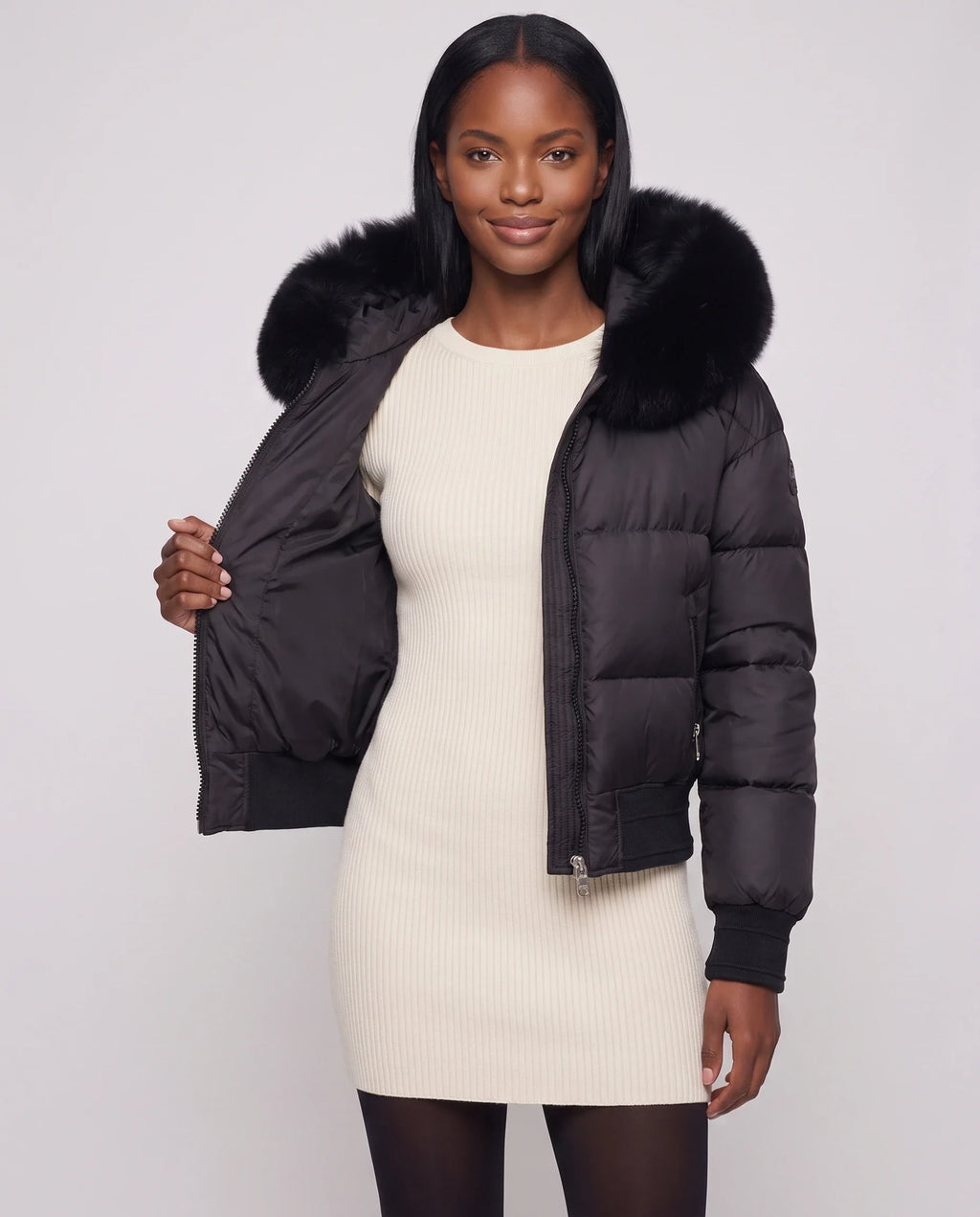 Doudoune courte blouson à capuche fausse fourrure