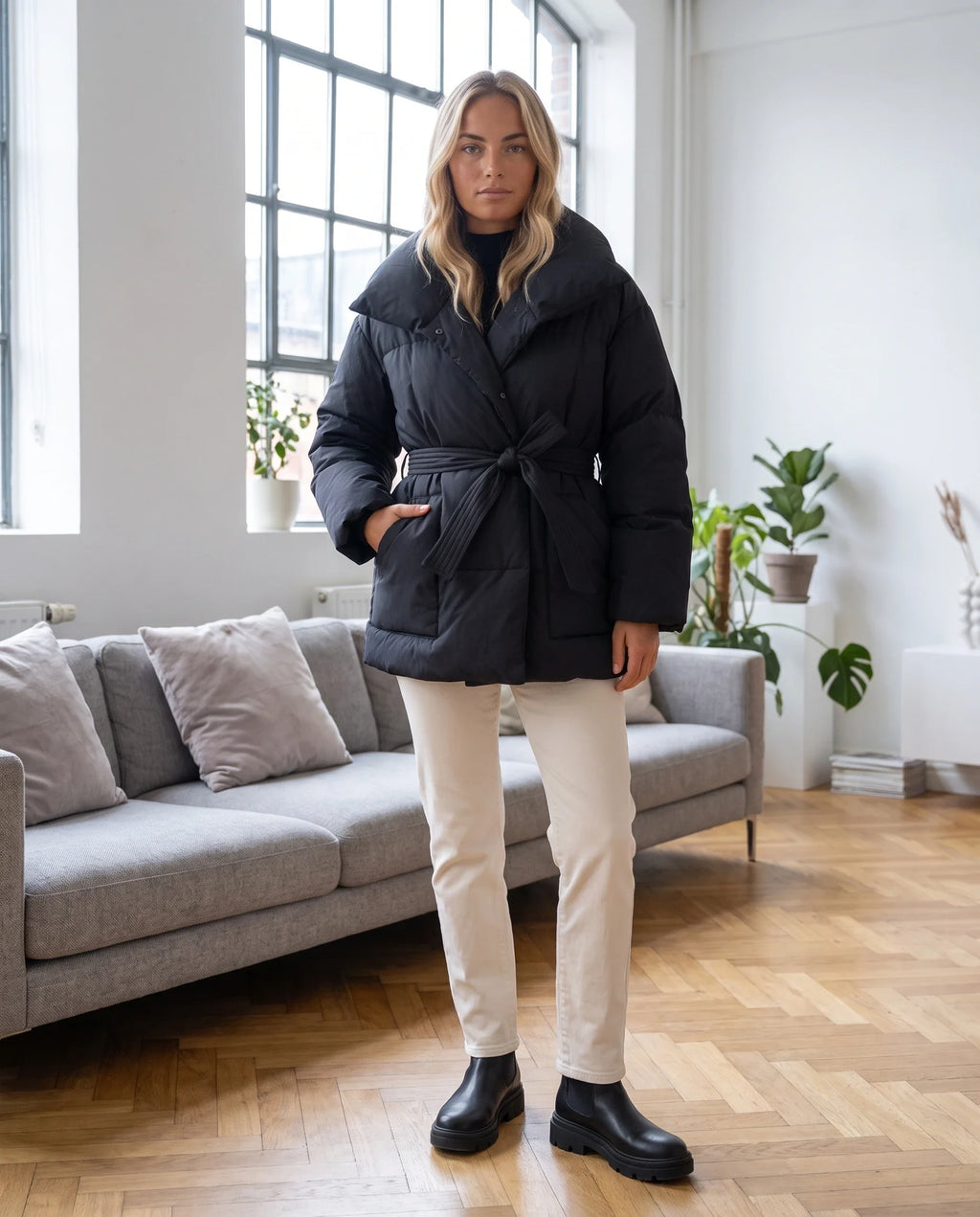 Doudoune courte oversize à col châle et ceinture