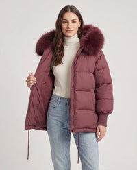 Doudoune courte oversize à capuche fausse fourrure