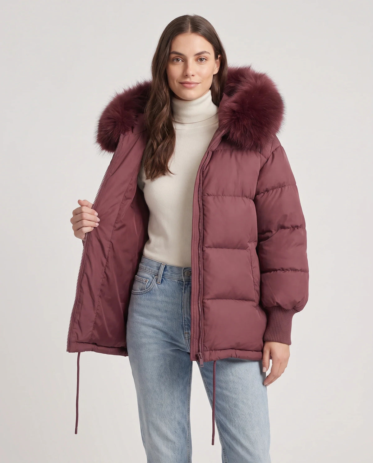 Doudoune courte oversize à capuche fausse fourrure