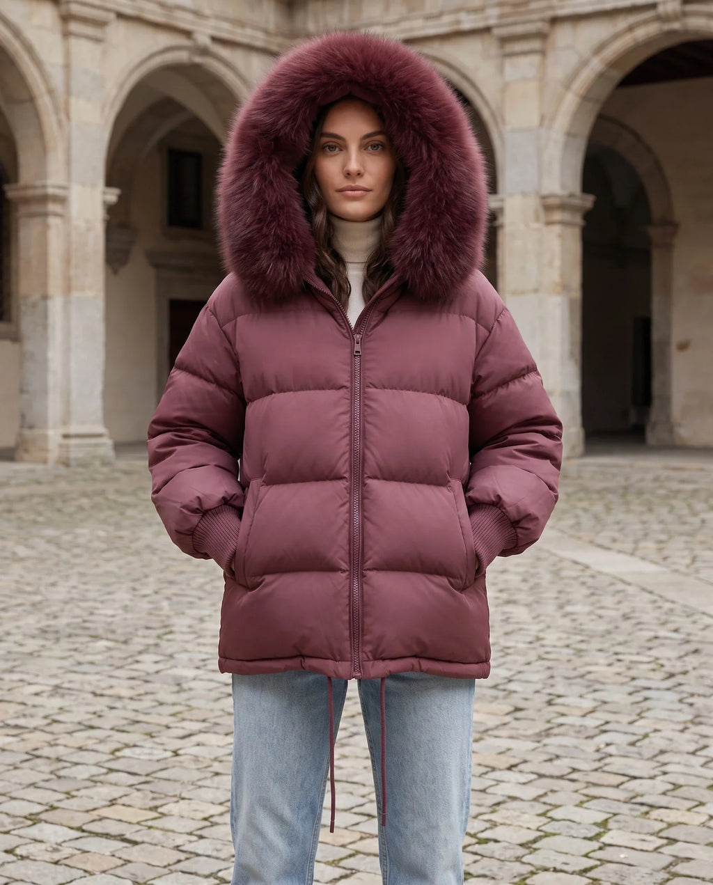 Doudoune courte oversize à capuche fausse fourrure