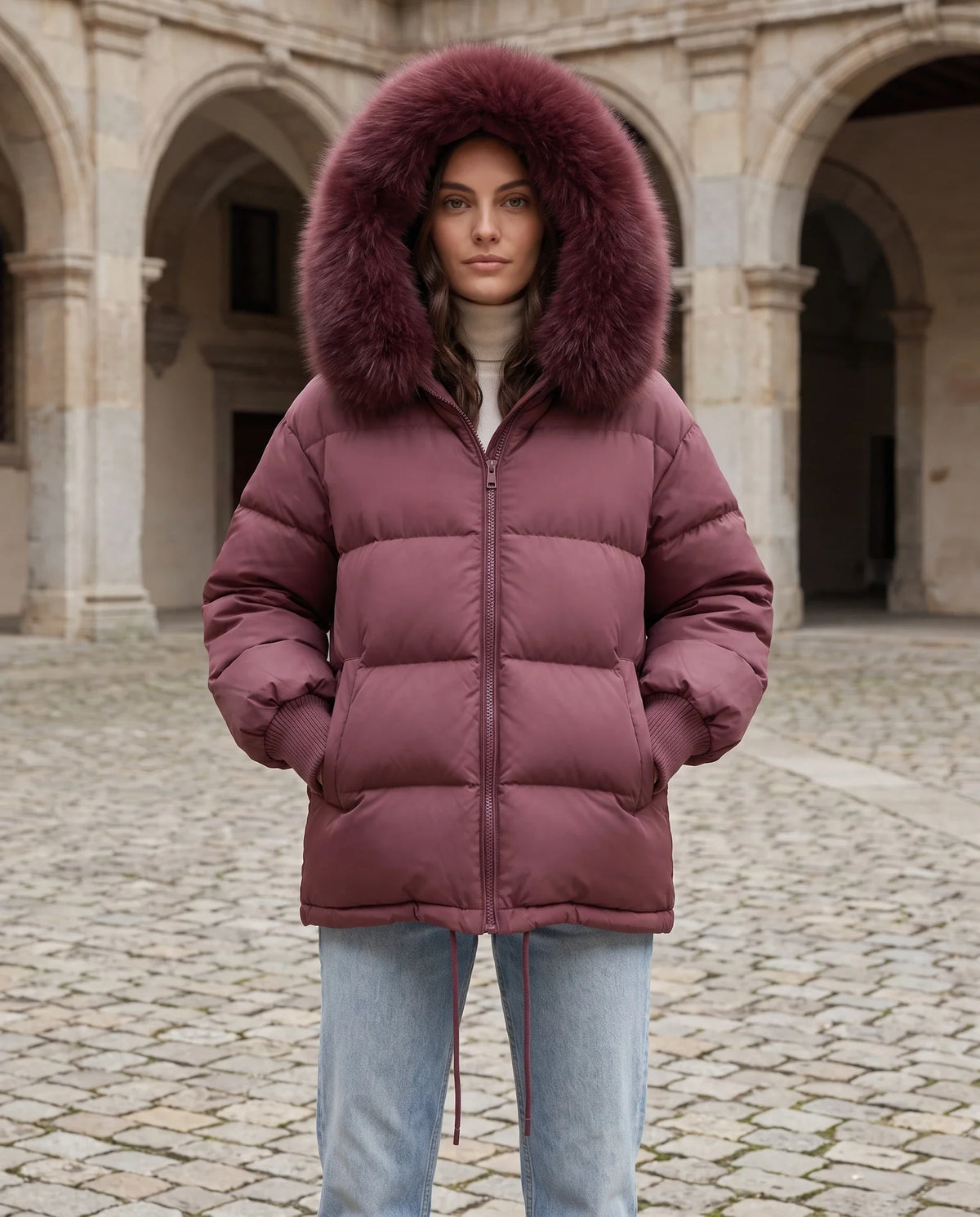 Doudoune courte oversize à capuche fausse fourrure