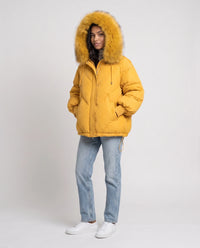 Doudoune courte oversize à capuche fausse fourrure