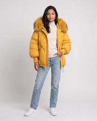 Doudoune courte oversize à capuche fausse fourrure