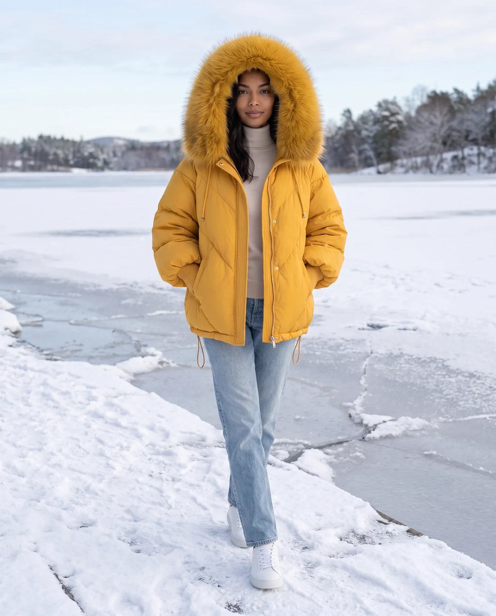 Doudoune courte oversize à capuche fausse fourrure