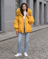 Doudoune courte oversize à capuche fausse fourrure