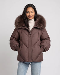 Doudoune courte oversize à capuche fausse fourrure