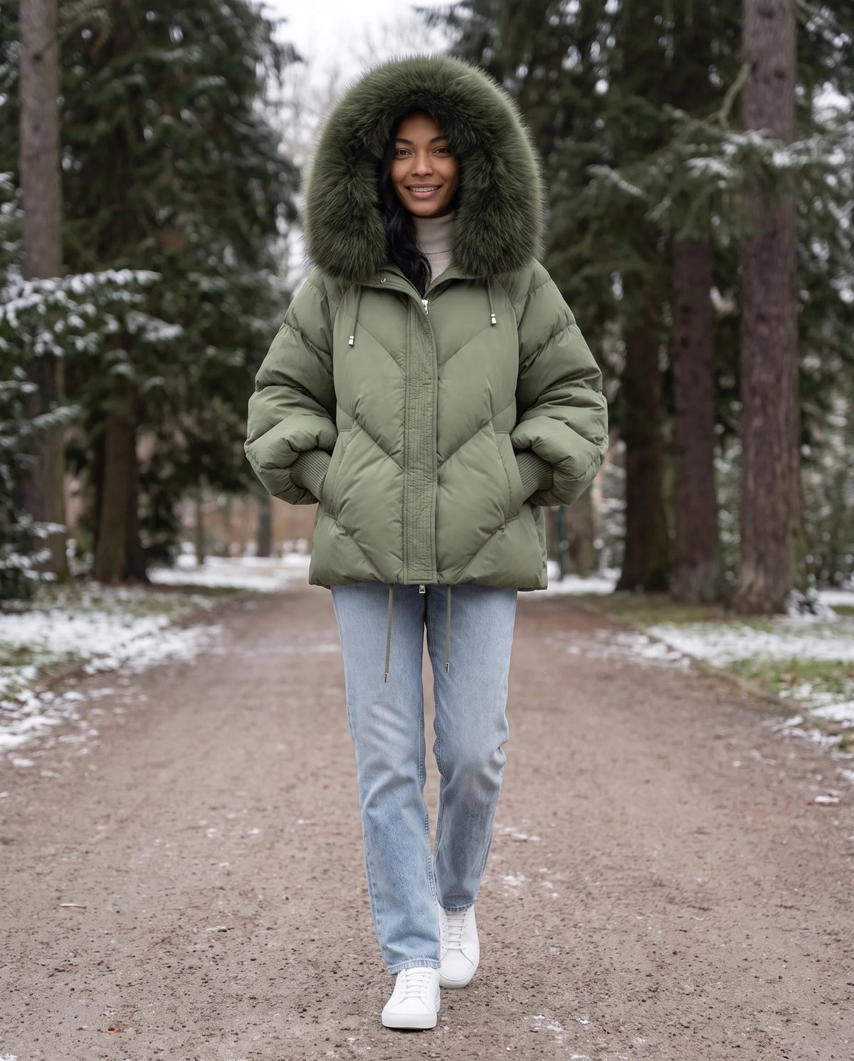 Doudoune courte oversize à capuche fausse fourrure