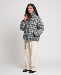 Doudoune courte réversible tartan à col montant