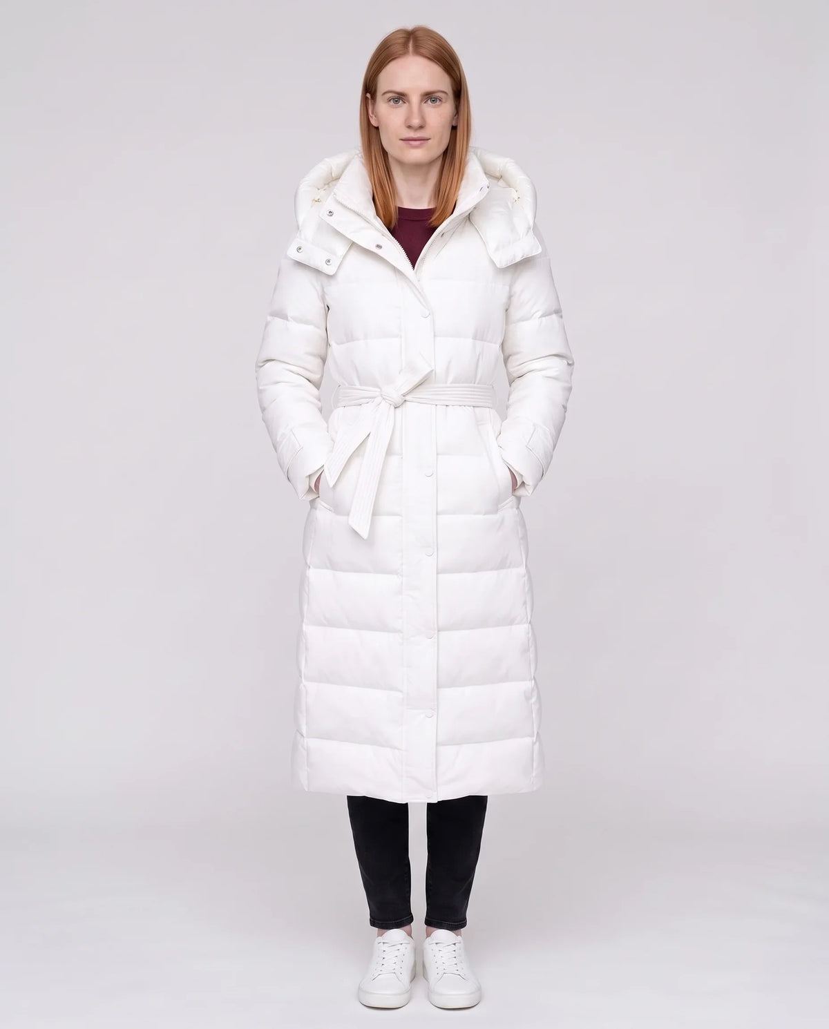 Doudoune extra-longue à capuche et ceinture
