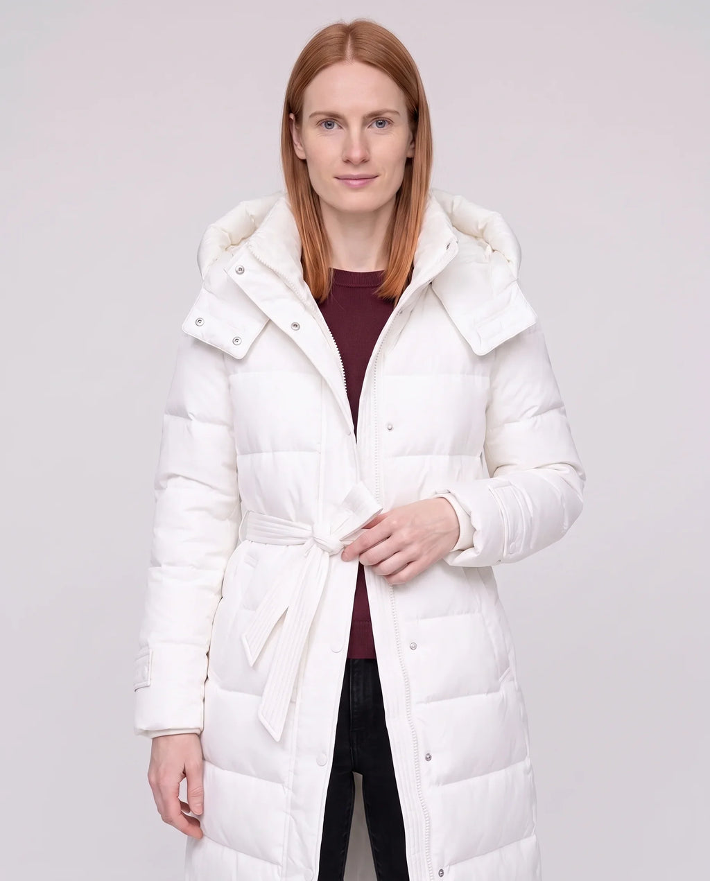 Doudoune extra-longue à capuche et ceinture