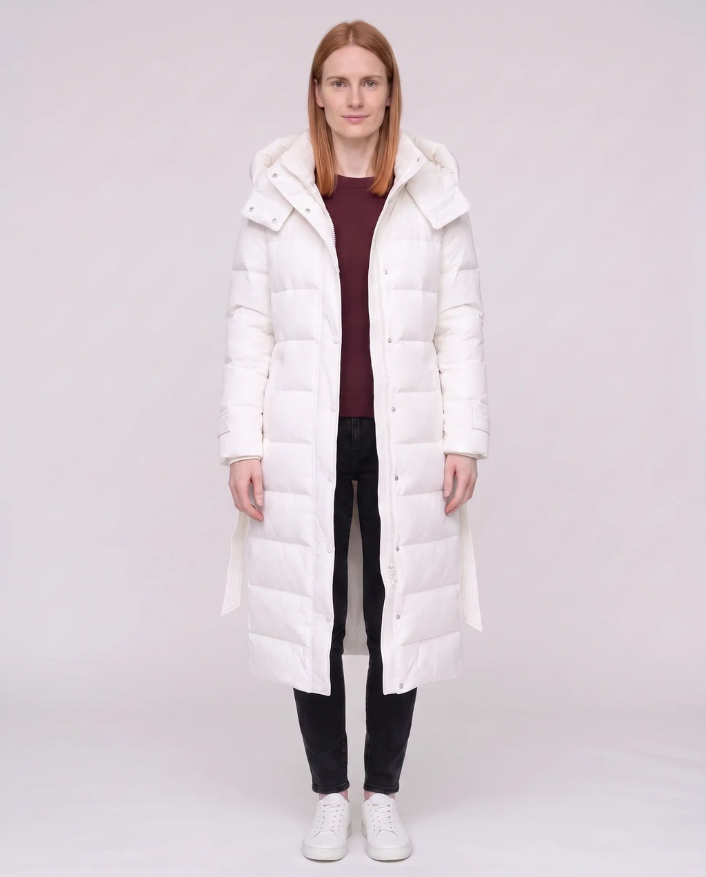 Doudoune extra-longue à capuche et ceinture
