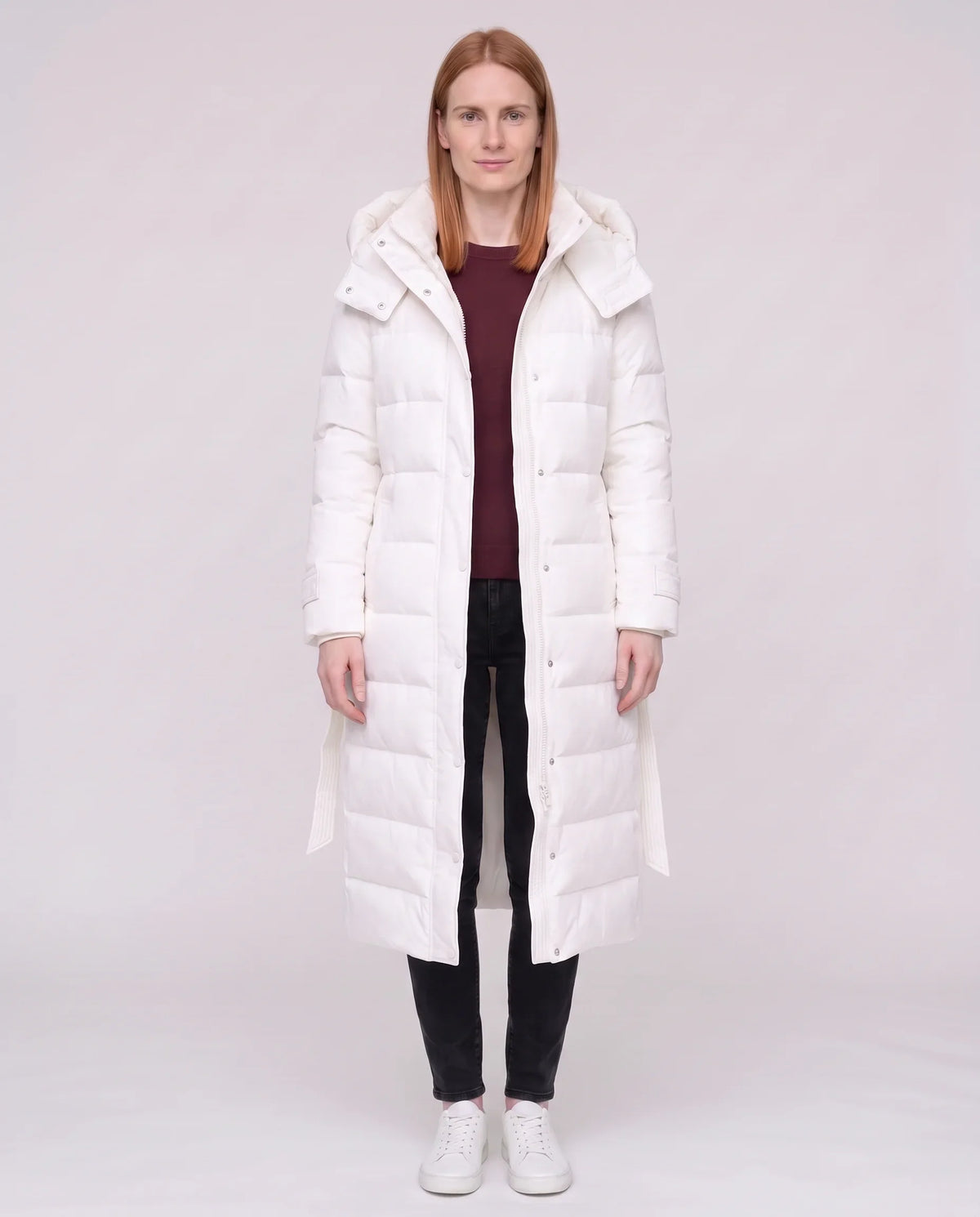 Doudoune extra-longue à capuche et ceinture