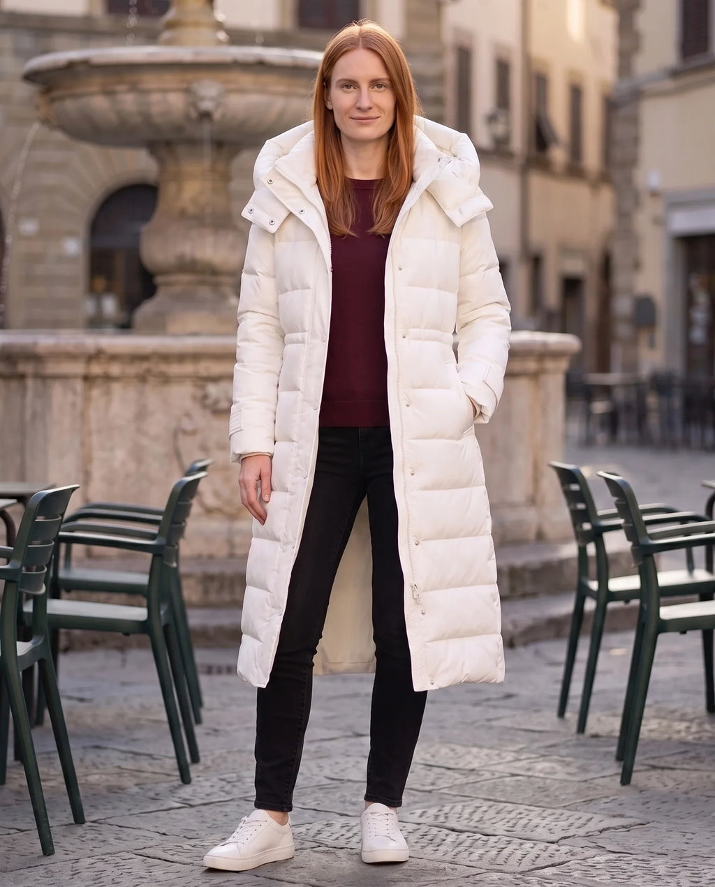 Doudoune extra-longue à capuche et ceinture