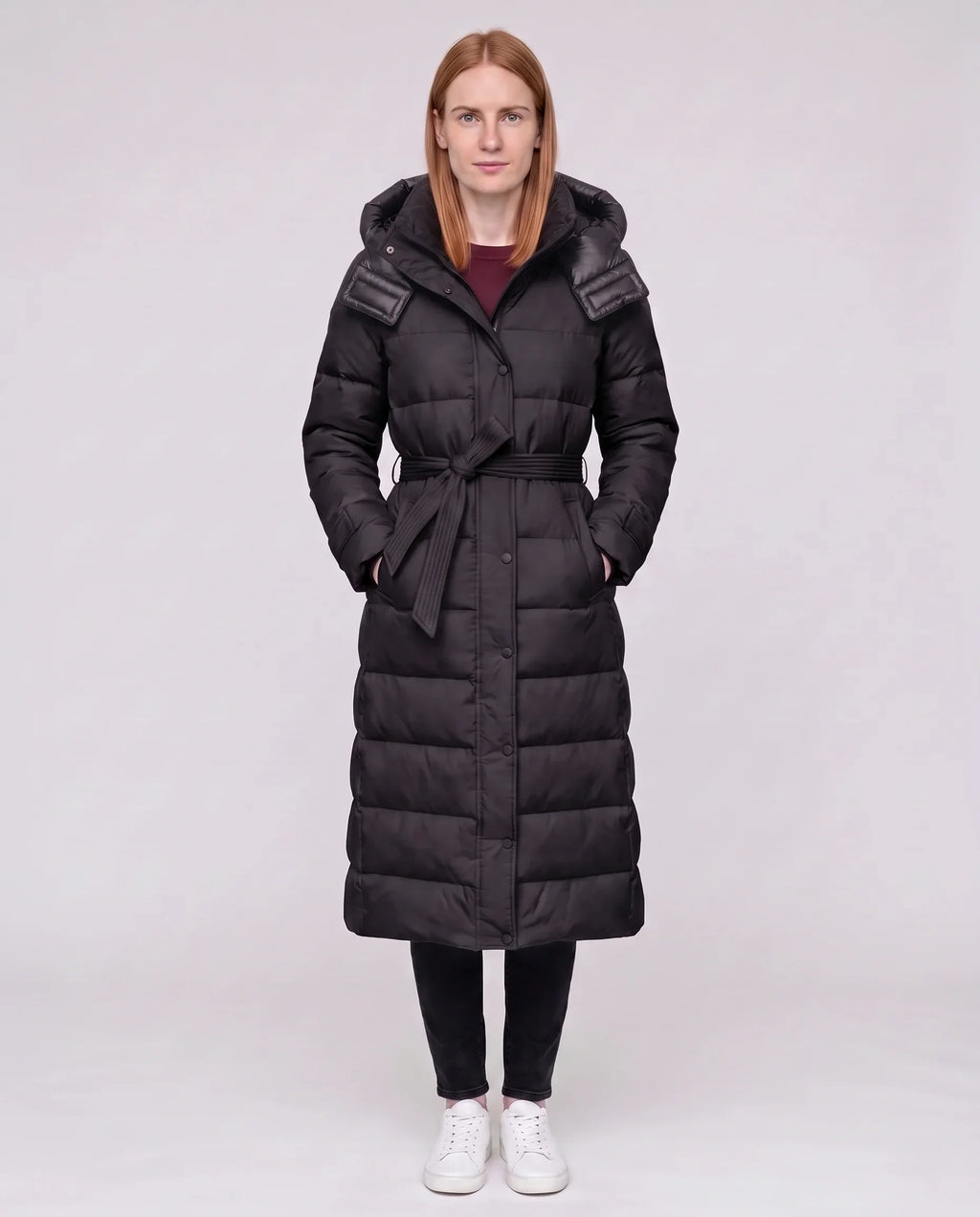 Doudoune extra-longue à capuche et ceinture
