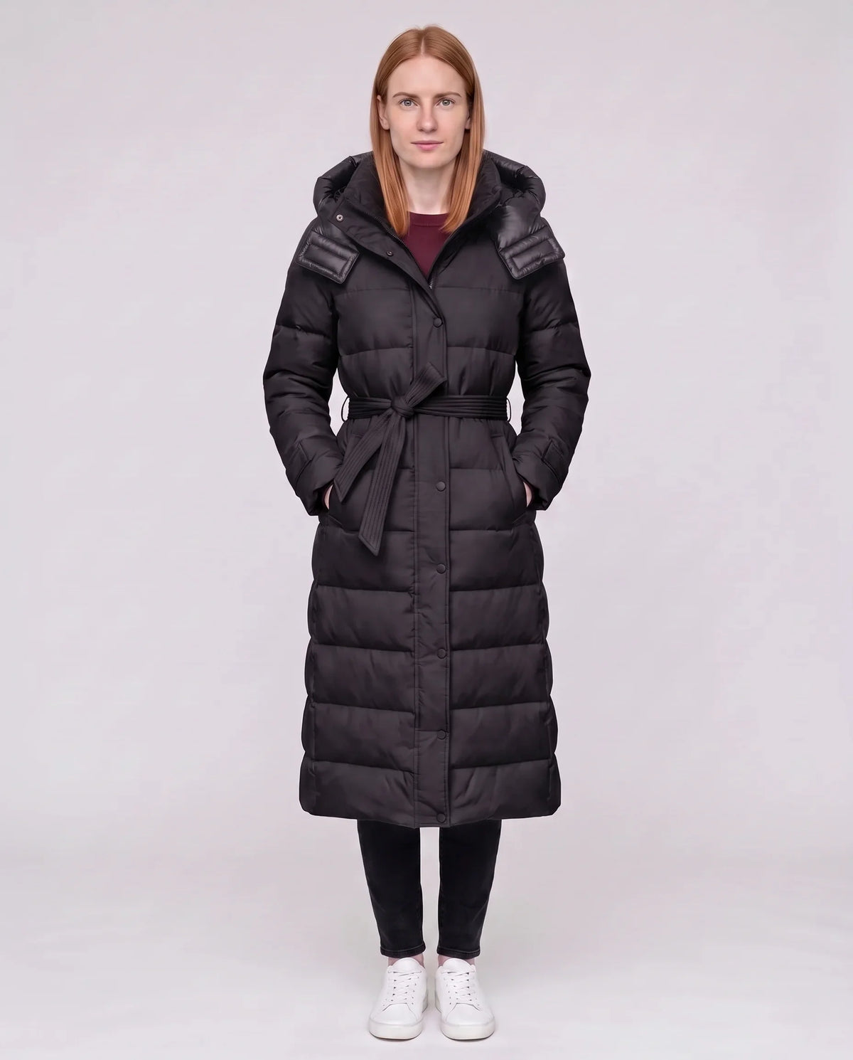 Doudoune extra-longue à capuche et ceinture