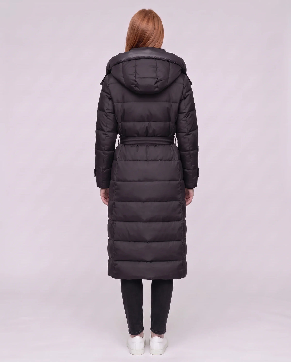 Doudoune extra-longue à capuche et ceinture