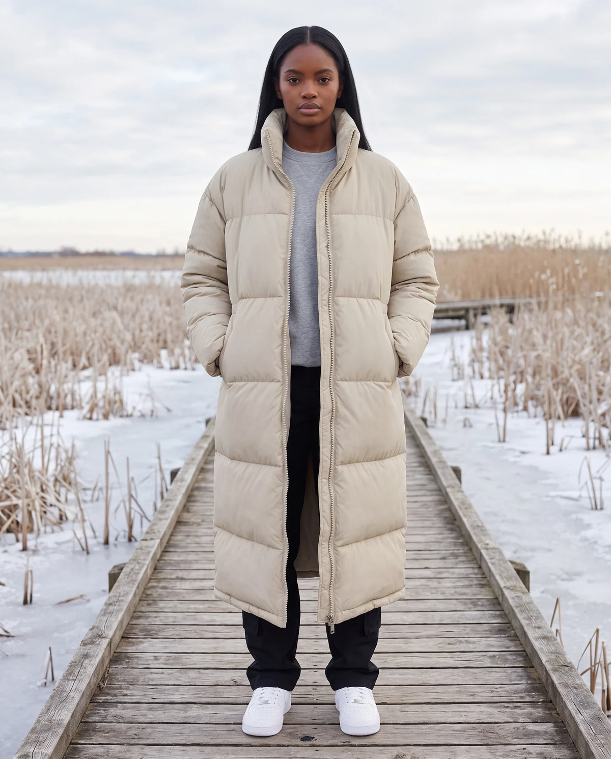 Doudoune extra-longue à col cheminée et double zip