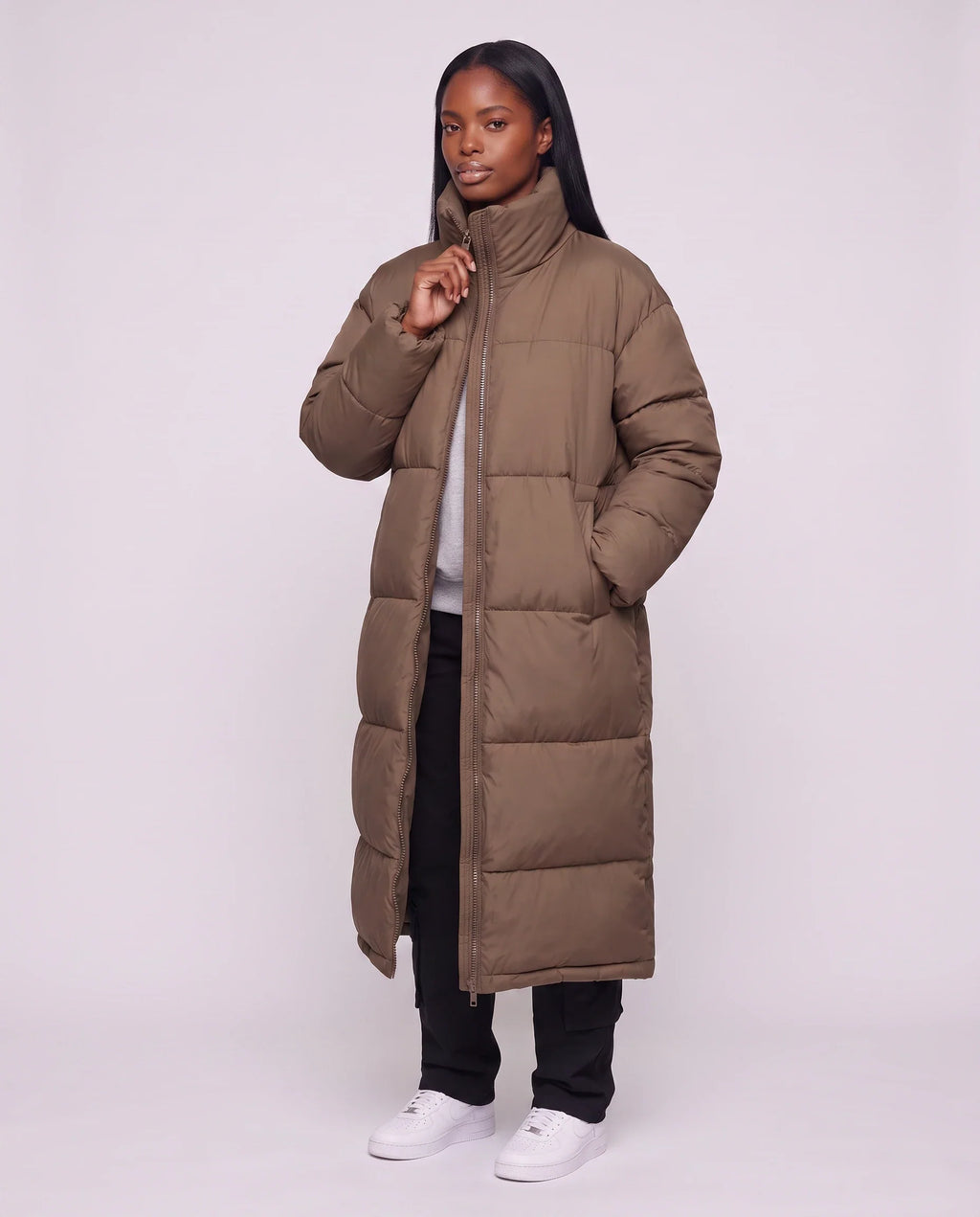 Doudoune extra-longue à col cheminée et double zip