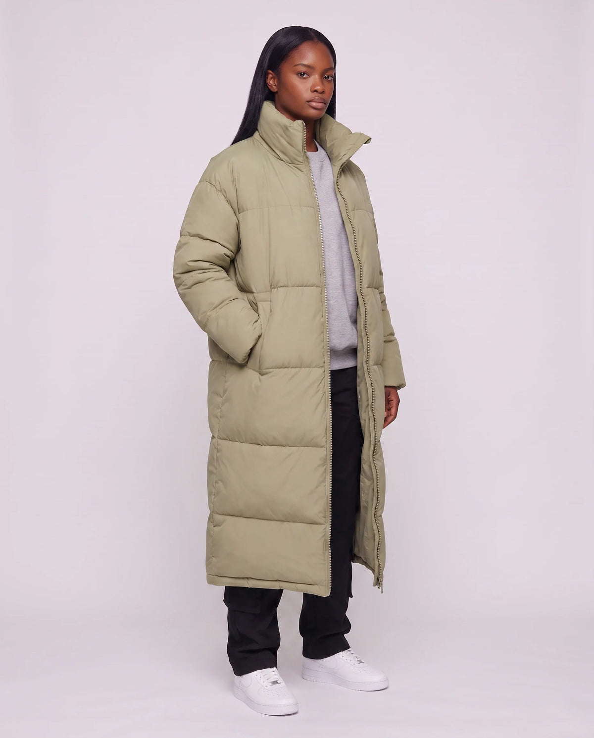 Doudoune extra-longue à col cheminée et double zip