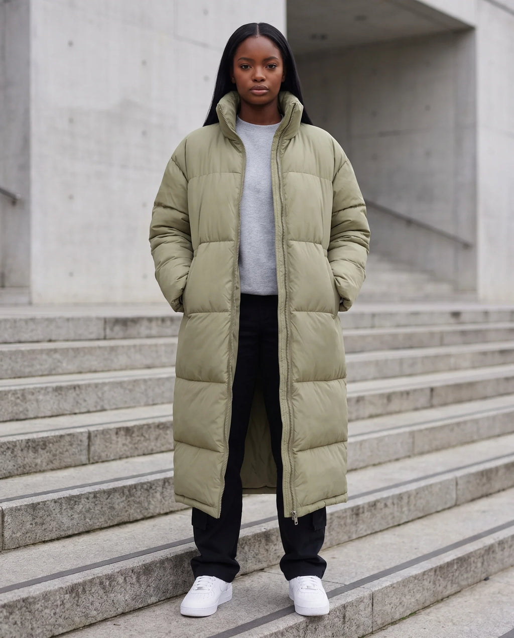 Doudoune extra-longue à col cheminée et double zip