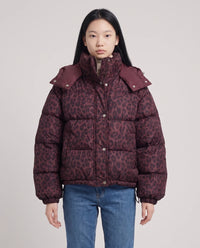 Doudoune courte oversize léopard à capuche amovible