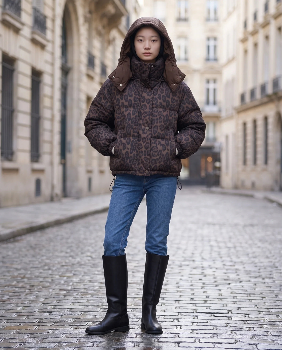 Doudoune courte oversize léopard à capuche amovible