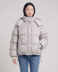 Doudoune courte oversize léopard à capuche amovible