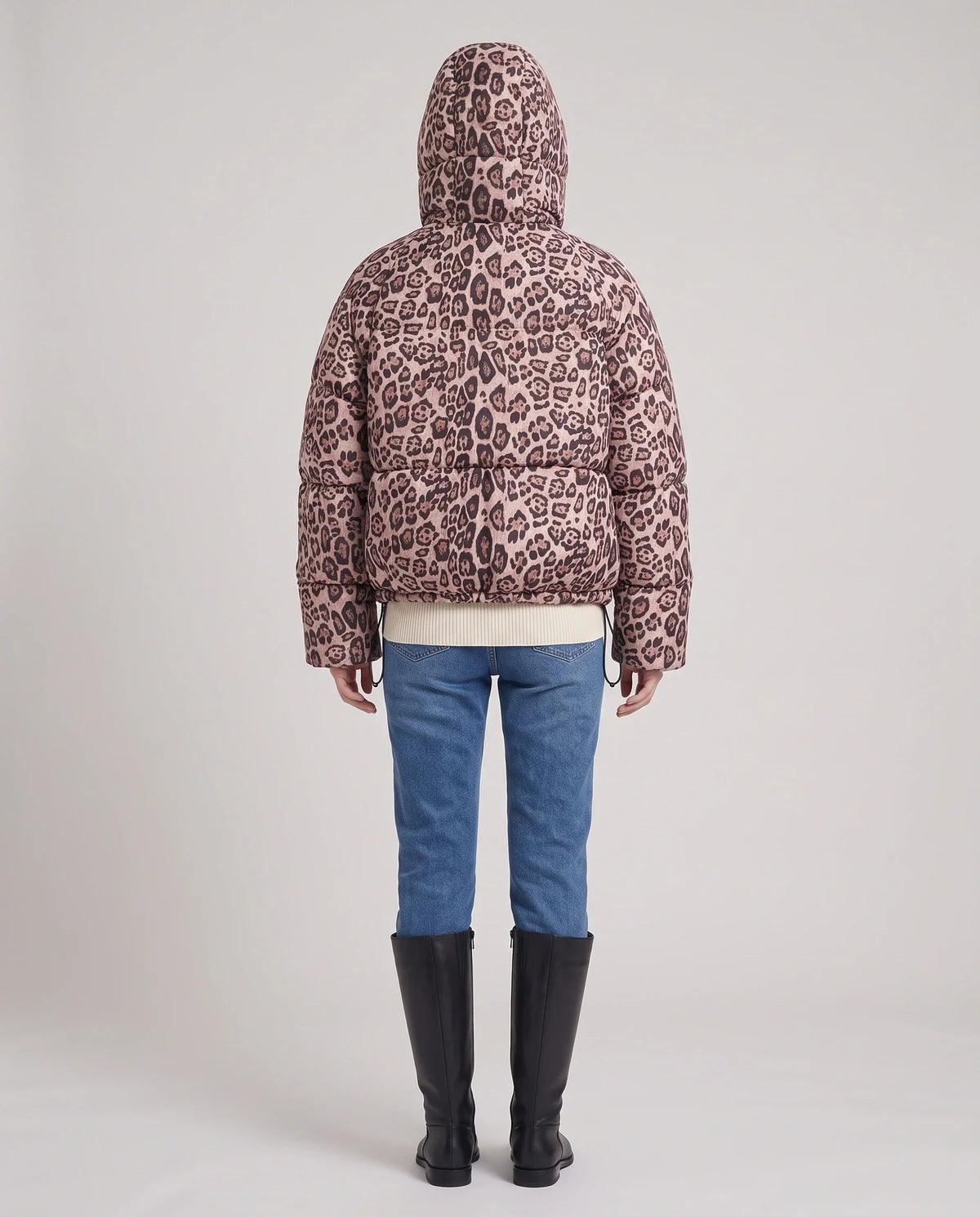 Doudoune courte oversize léopard à capuche amovible