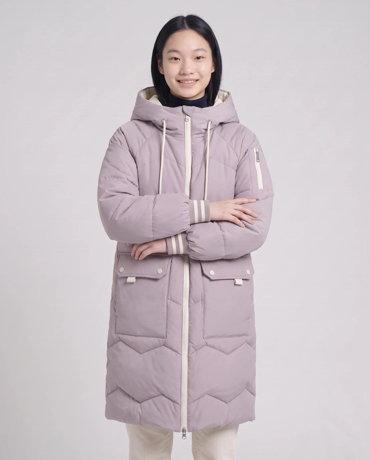 Doudoune longue oversize à chevrons et capuche